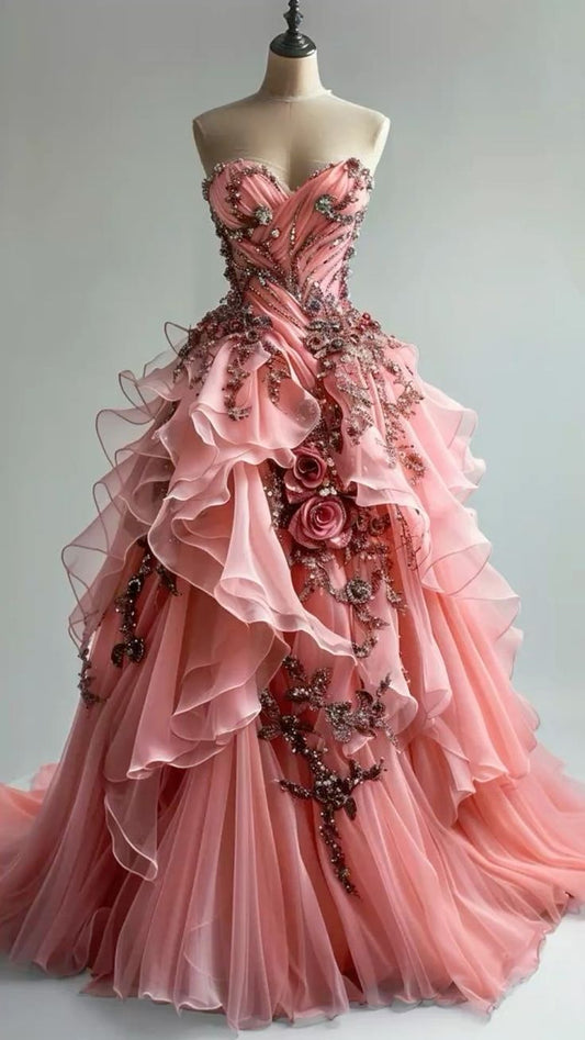 Pink tube top waist pleated slim elegant dress, prom dress R5296