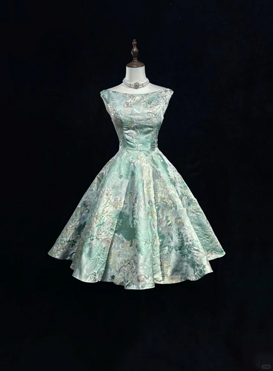 Green printed sleeveless slim waist puffy A-line princess dress homecoming dress R4961