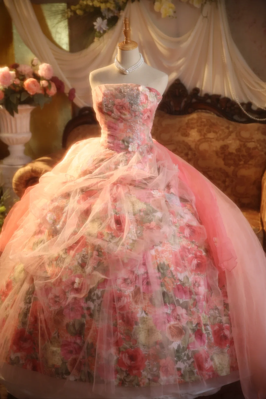 Pink floral-patterned strapless ball gown with a cinched waist and a voluminous puffy skirt; bridal gown R7285
