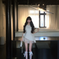 White sleeveless slim waist irregular skirt homecoming dress R5081