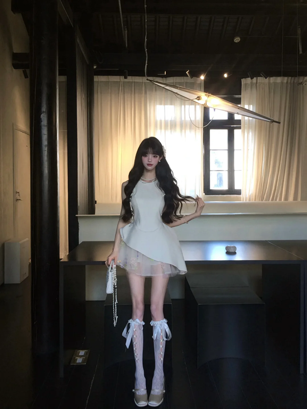 White sleeveless slim waist irregular skirt homecoming dress R5081