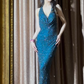 Deep blue sequined halter neck fitted waist sexy ball gown R8056
