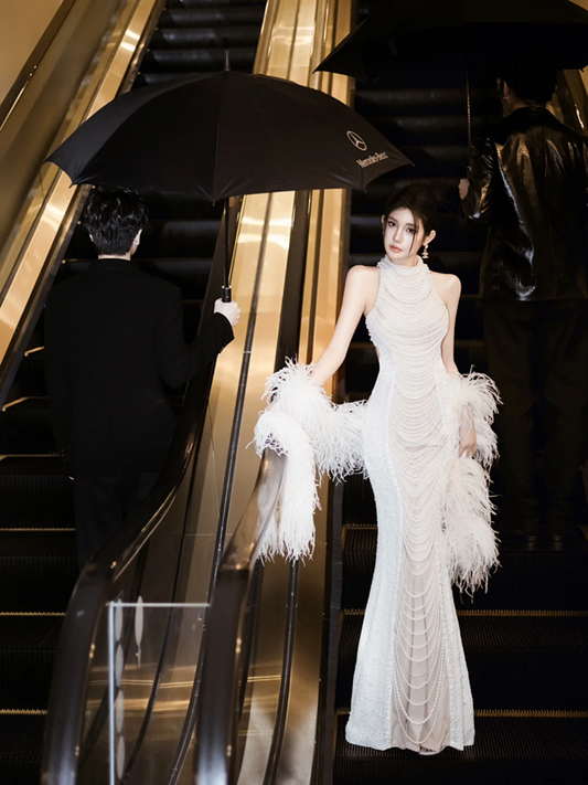 White Halter Neck Waist-Cinched Fitted Beaded Backless Sexy Floor-Length Prom Dress R7092