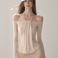 Halter Off-Shoulder Long Sleeve Dress With Ruched Skirt And Mesh Detail R9283