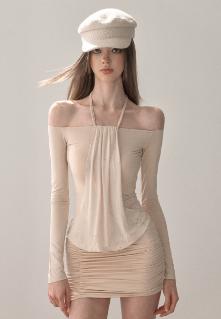 Halter Off-Shoulder Long Sleeve Dress With Ruched Skirt And Mesh Detail R9283