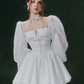 White long puff sleeve square neck waist slim temperament short skirt homecoming dress R4756