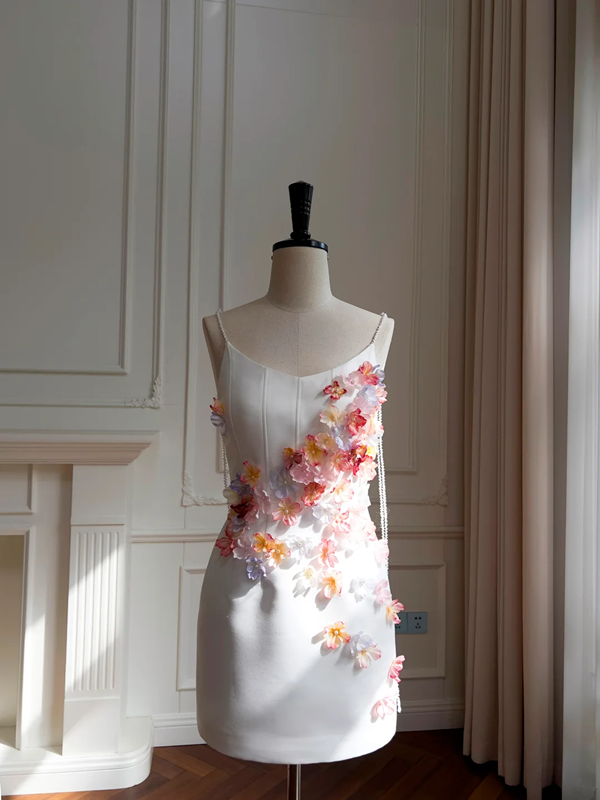 White suspenders pink three-dimensional flower design waist slim A-line short skirt homecoming dress R5042