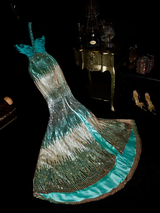 Peacock Green Sequined halter-neck long ball gown R6892