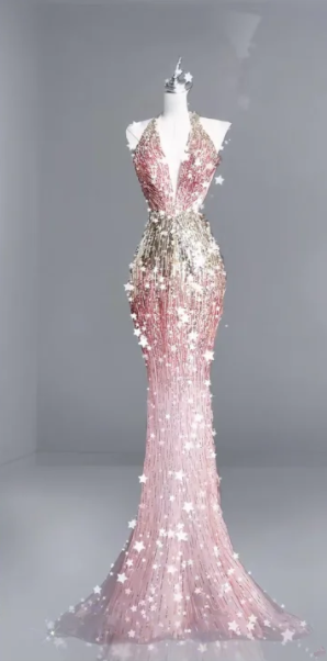 Pink halter-neck sequined fitted waist bodycon mermaid long ball gown R6453
