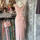 Light pink sleeveless halter neck fitted long ball gown R7839