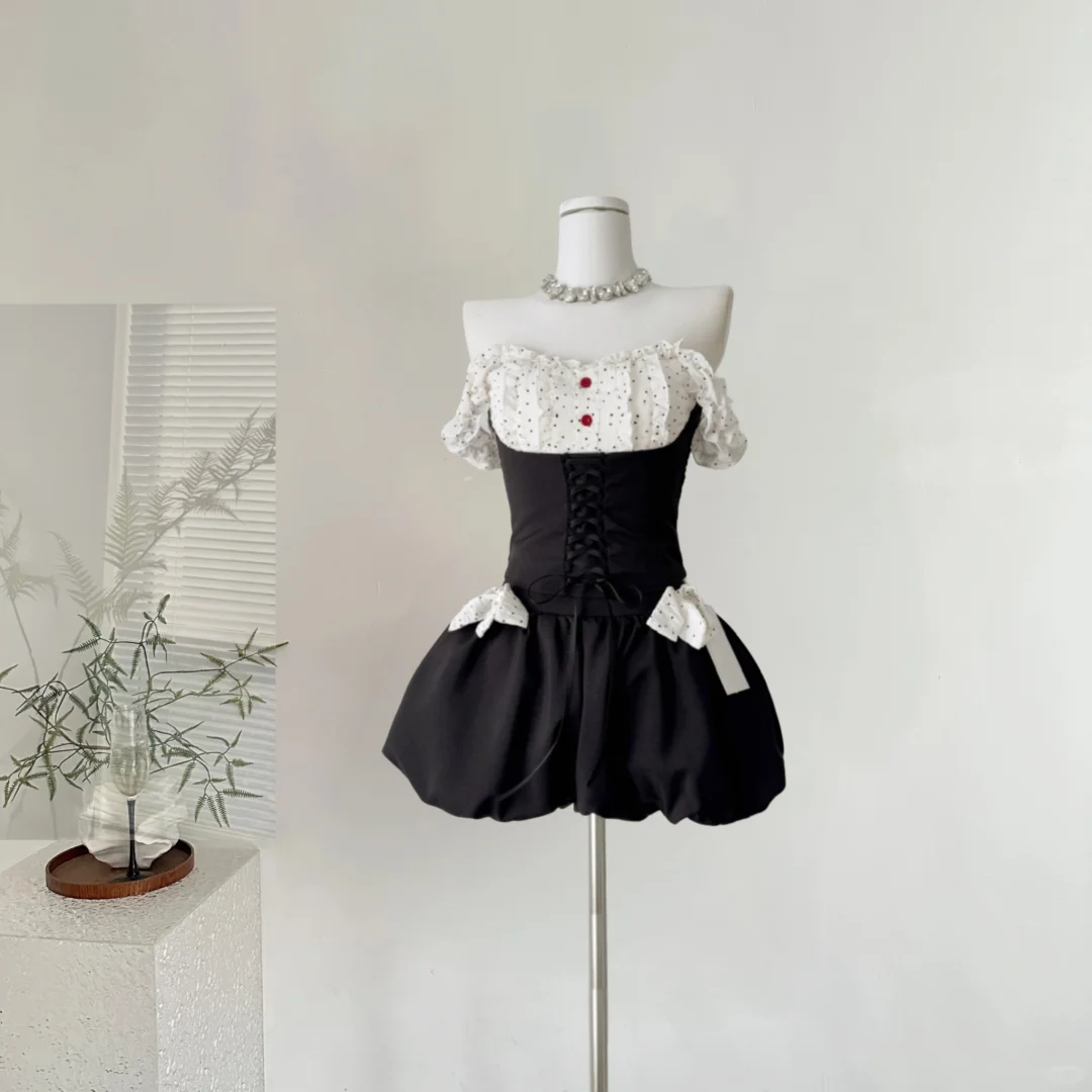 Black one-shoulder slim waist flower bud skirt short skirt homecoming dress R4351