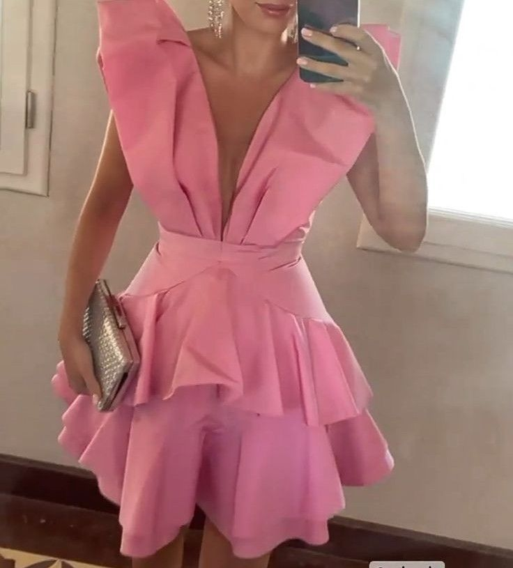 Pink V-neck waist A-line short skirt homecoming dress R5502