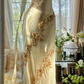 Light yellow halter-neck fitted bodycon long ball gown R6533