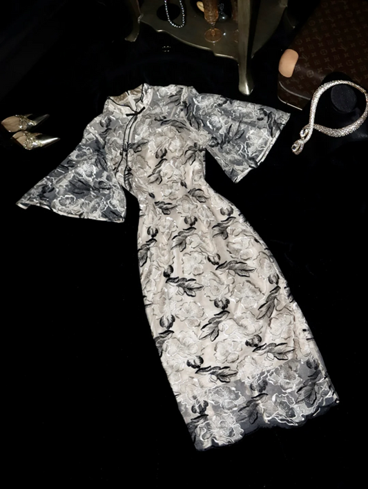 Apricot-lined midi ball gown with black floral embroidery R6852