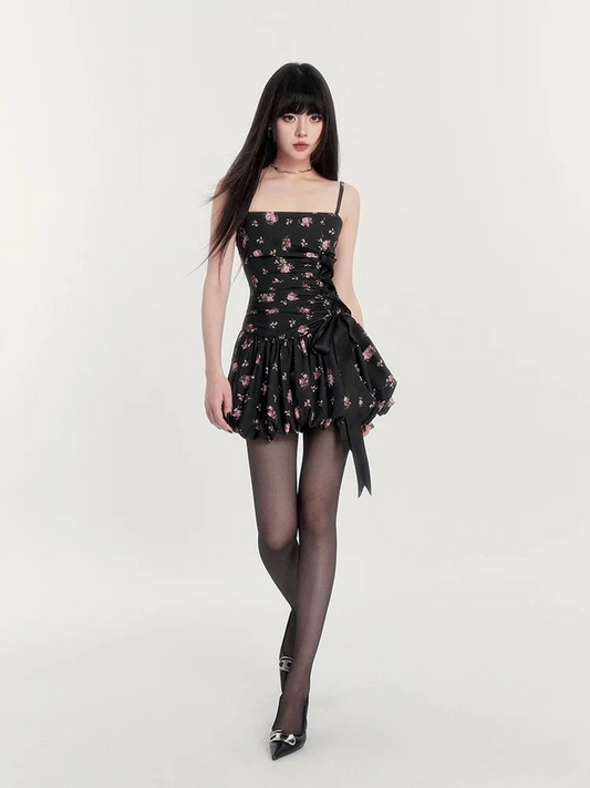 Black halter waist pleated floral bud short skirt homecoming dress R5263