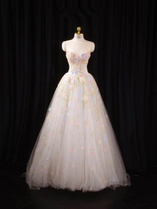 Pink floral strapless cinched waist ball gown with a full skirt, long ball gown, bridal dress R8919