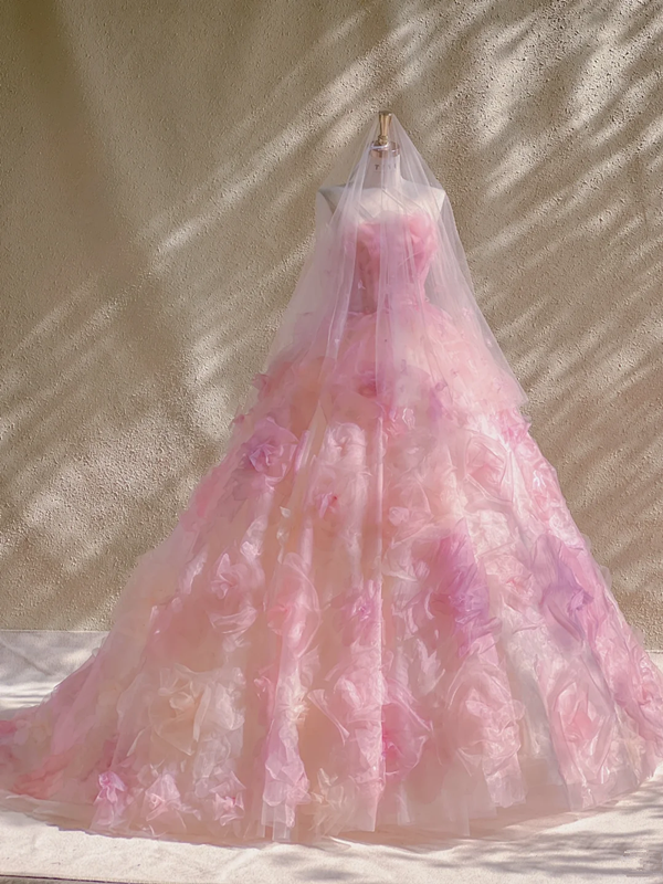 Pink Strapless Floral Waist Slim Fit Puffy Skirt Long Bridal Dress R5817