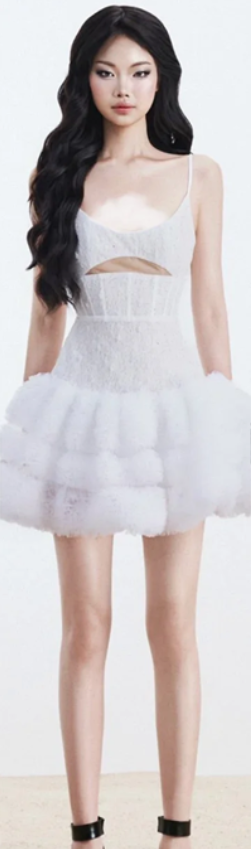 White sweet suspender hollow neckline waist puffy skirt homecoming dress R4714