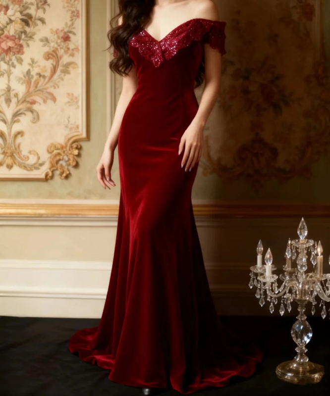 Red off-the-shoulder fitted long ball gown R6733