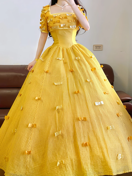 Yellow Square-neck Waist-Cinched Puff-Skirt Ball Gown & Bridal Gown R7374