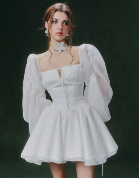 White long puff sleeve square neck waist slim temperament short skirt homecoming dress R4756