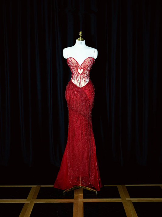 Red strapless, fitted waist, bodycon, sexy long ball gown/bridal dress R8949