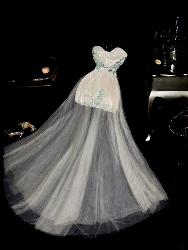 Light apricot strapless fitted waist bodycon short ball gown R7012