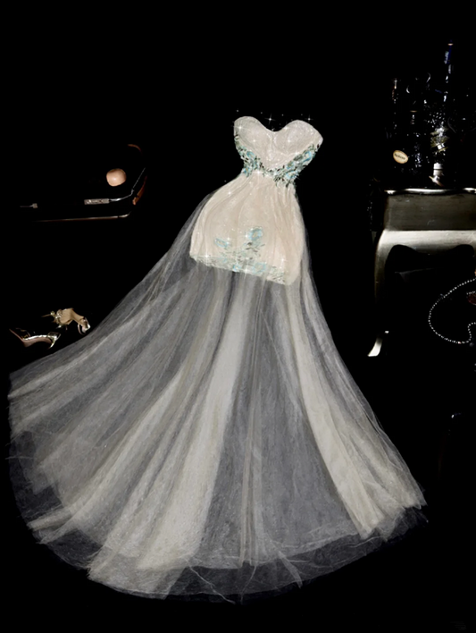 Light apricot strapless fitted waist bodycon short ball gown R7012