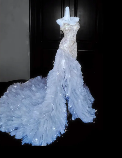 Silver Sequin Spaghetti-Strap Fitted-Waist Slim-Fit Sexy Blue-Skirt Long Prom Dress R6493