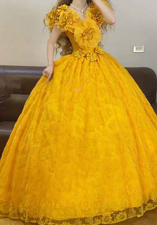 Yellow V-neck Floral-Embellished Waist-Cinched Elegant Vintage Puffball Skirt Ball Gown, Bridal Gown R7344