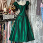 Green square neckline, puff sleeves, fitted waist, mid-length ball gown R8646