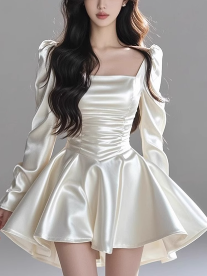 High-end light luxury square neck long-sleeved satin dress 2025 waist A-line dress R1157