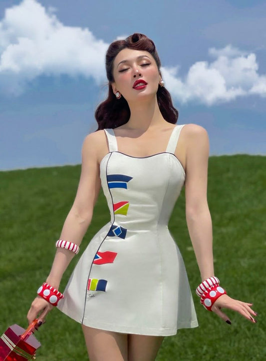 White suspenders waist slim A-line mini skirt homecoming dress R2884