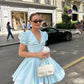 Light blue puff sleeves V-neck waist slim short skirt homecoming dress R3610
