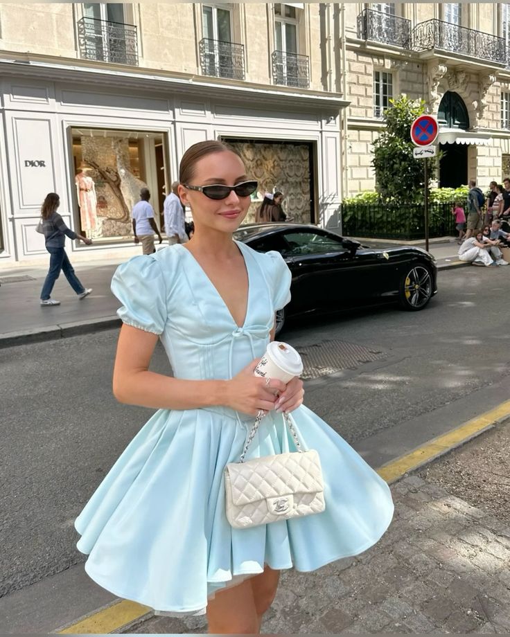 Light blue puff sleeves V-neck waist slim short skirt homecoming dress R3610