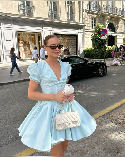 Light blue puff sleeves V-neck waist slim short skirt homecoming dress R3610