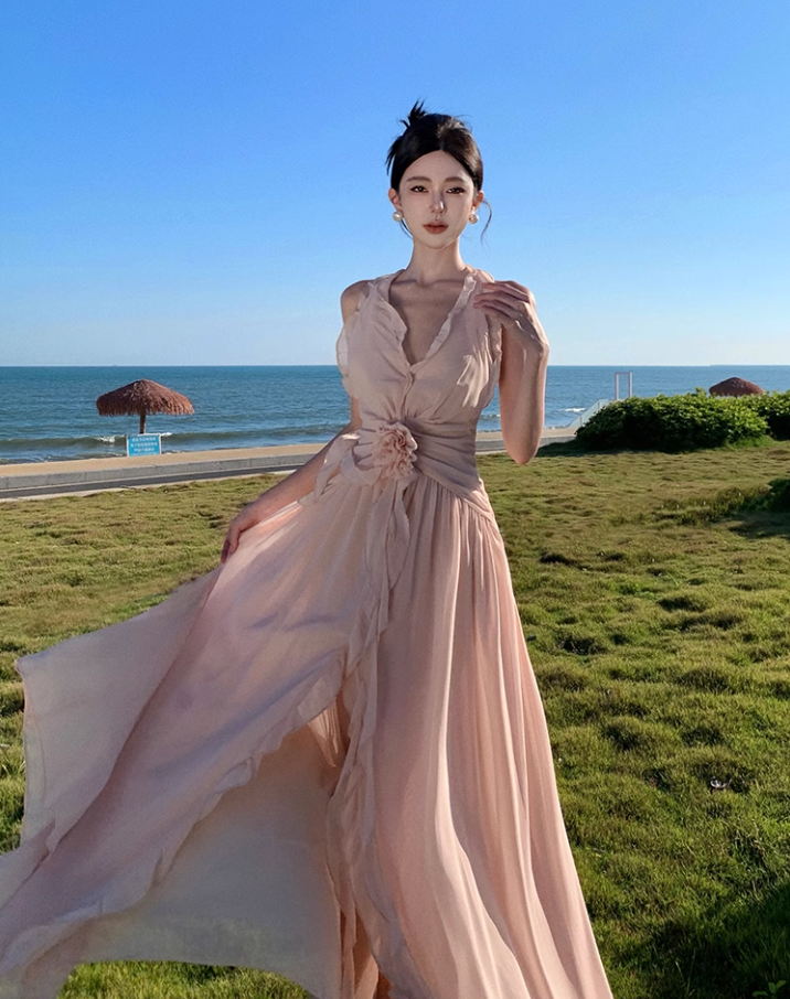 Ruffled V-neck halter dress beautiful waist A-line long skirt R0566