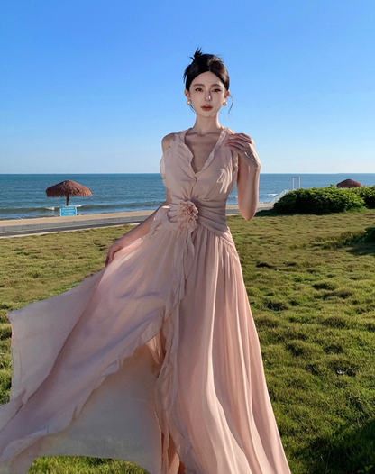 Ruffled V-neck halter dress beautiful waist A-line long skirt R0566