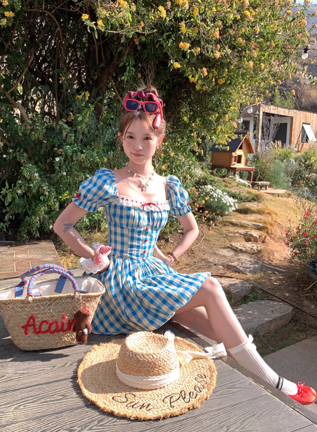 Square collar plaid waist short sleeve dress women's summer French style skirt R4826