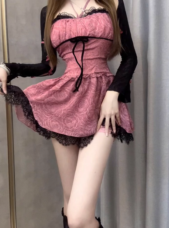 Sweet and spicy lace rose suspender dress 2025 large size pure desire cardigan suit R1315
