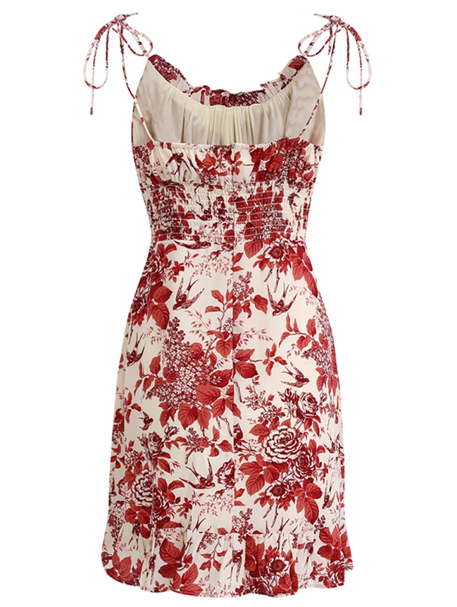 2025 summer new V-neck floral petite red A-line holiday suspender dress R0963