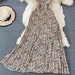 2025 new French floral dress sweet fairy suspender long skirt holiday knee-length pleated dress R0376