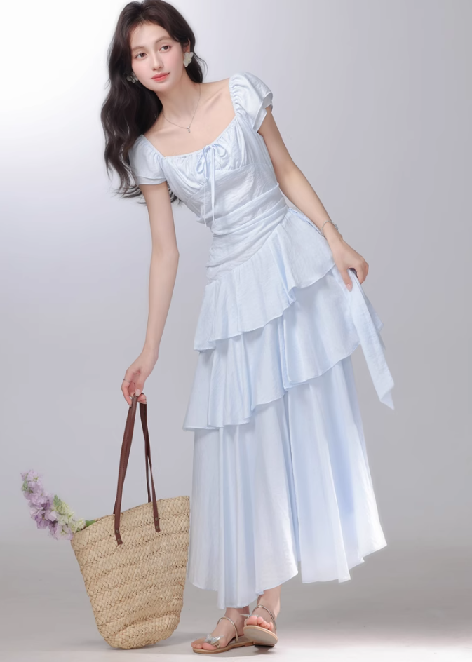 2025 French style blue dress holiday style cake long dress R1940