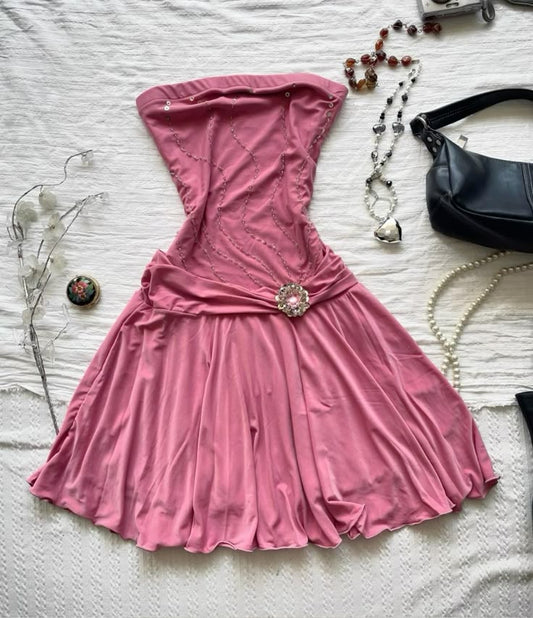 Pink tube top with slim waist and sexy mini skirt homecoming dress R2670