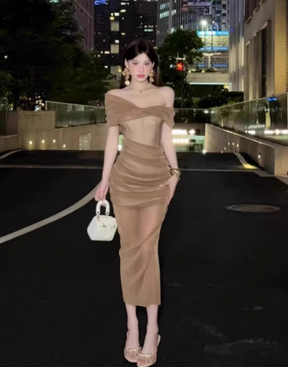 French high-grade mesh one-shoulder dress 2025 pleated waist hip skirt R1222