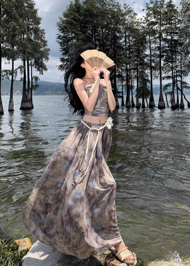 Travel wear tie-dye skirt a-line skirt temperament tube top suit women's two-piece suit R1571