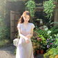 Purple V-neck short-sleeved lace waist dress summer French retro temperament A-line skirt R4582