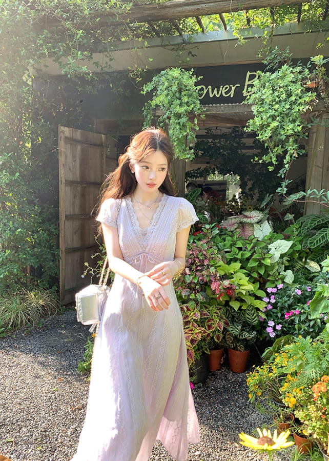 Purple V-neck short-sleeved lace waist dress summer French retro temperament A-line skirt R4582