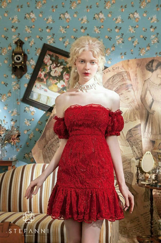 Red one shoulder lace waist sexy pleated skirt short homecoming dress R2935