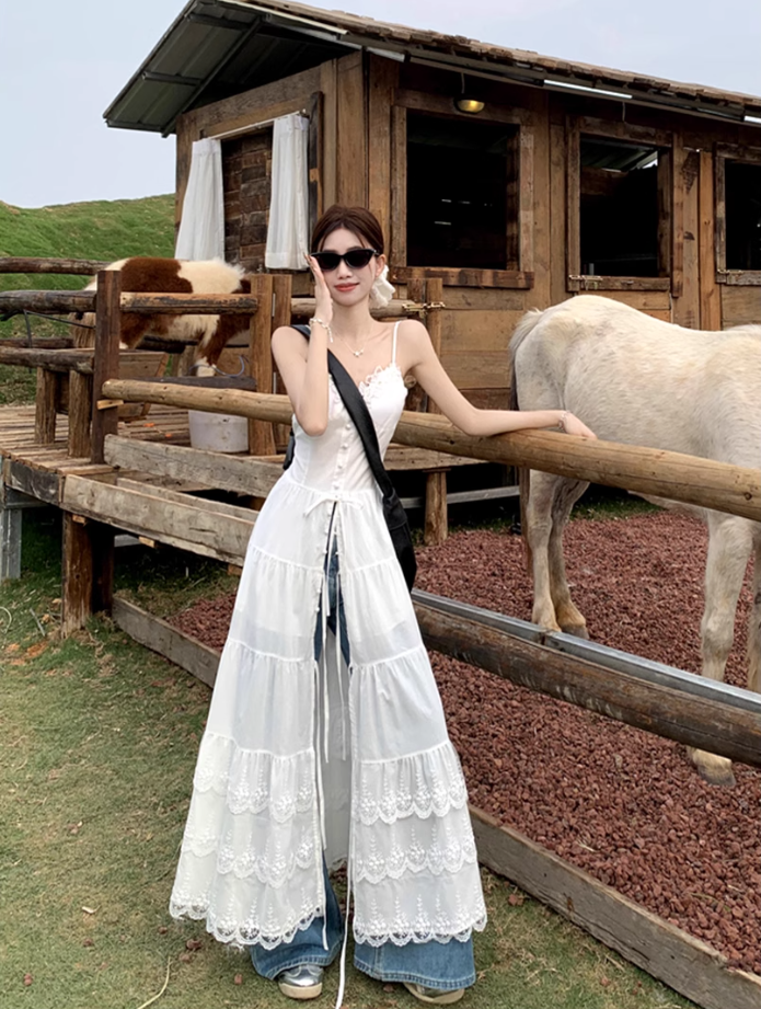 Fairy white Dingdal skirt waist skirt lace splicing slit suspender dress R1755